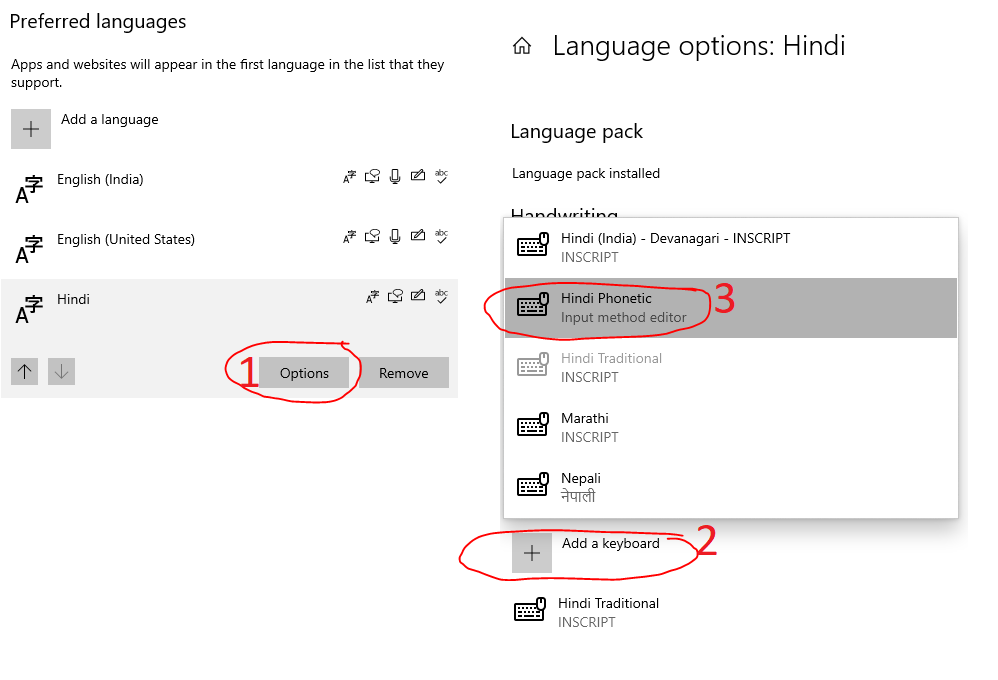 Install Hindi typing fonts on computer options add a keyboard and choose Hindi phonetic